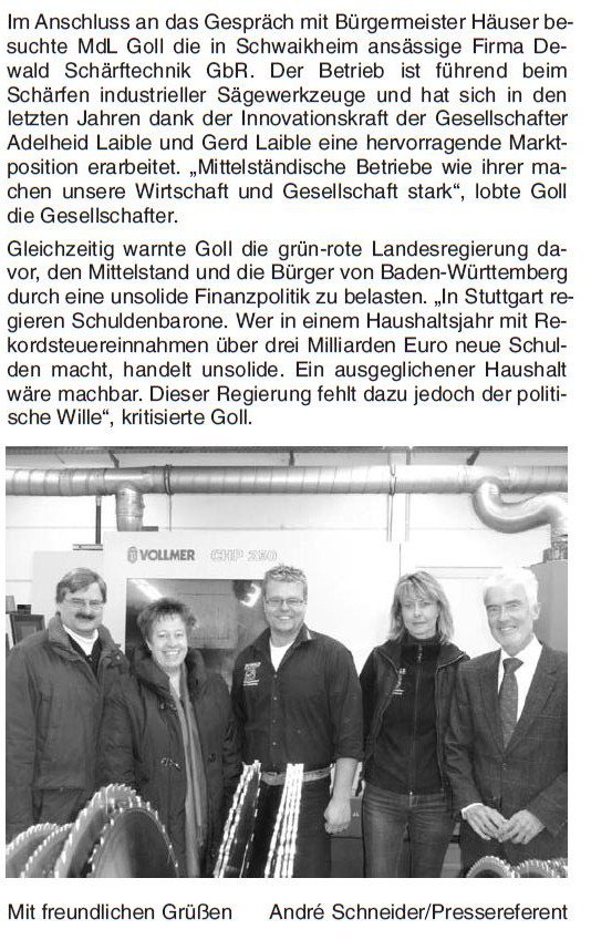 Zeitungsartikel zum Besuch des Bundesjustizminister Prof. Dr. Goll am 07.12.2012 (FDP)